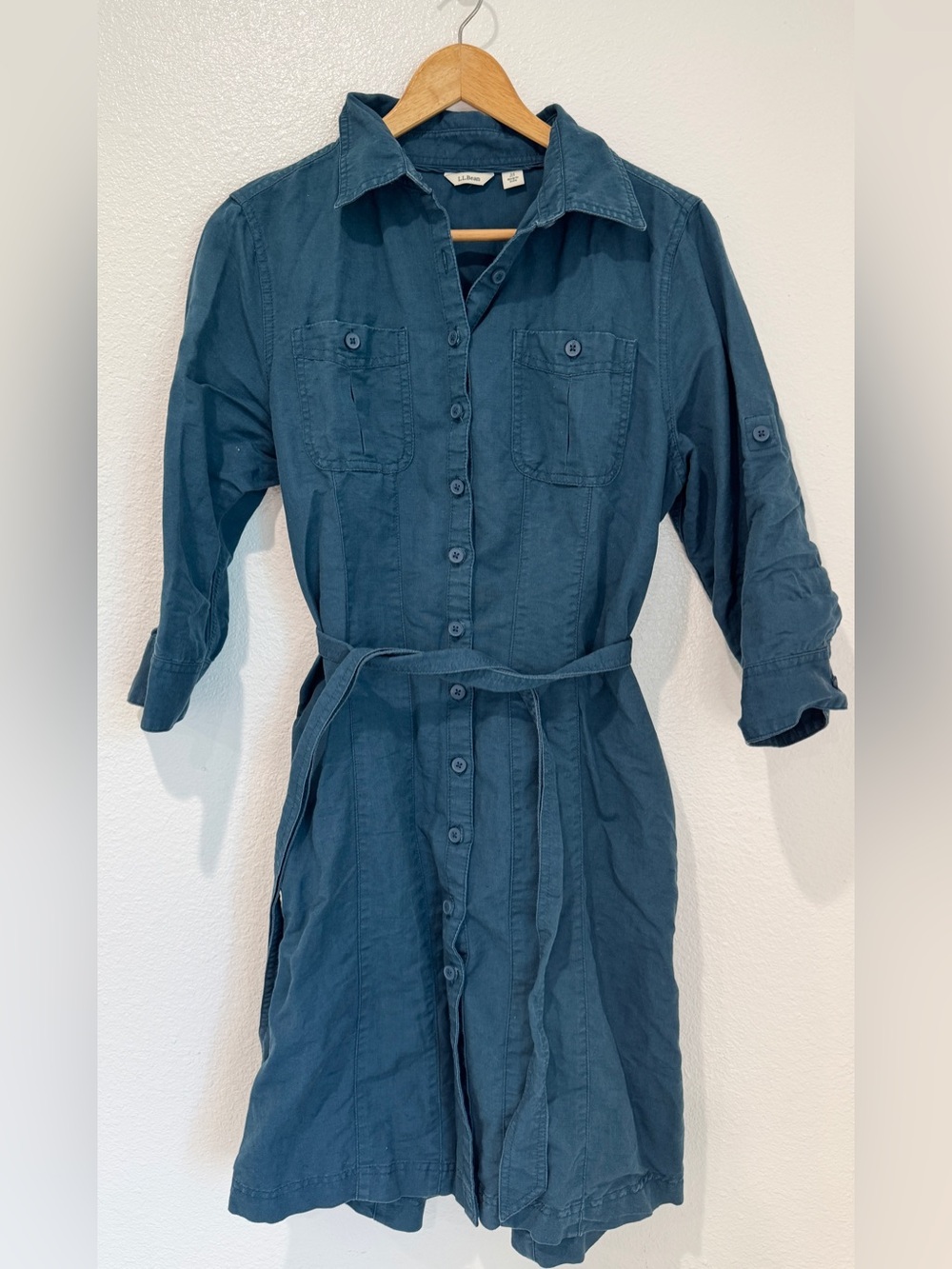 LL Bean Blue Linen Cotton Utility Belted Roll Tab Pocket Shirt Dress Granola MP